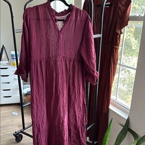 Chic Burgundy Maxi Dress, locally made in Oaxaca, Mexico with Ruffle Details